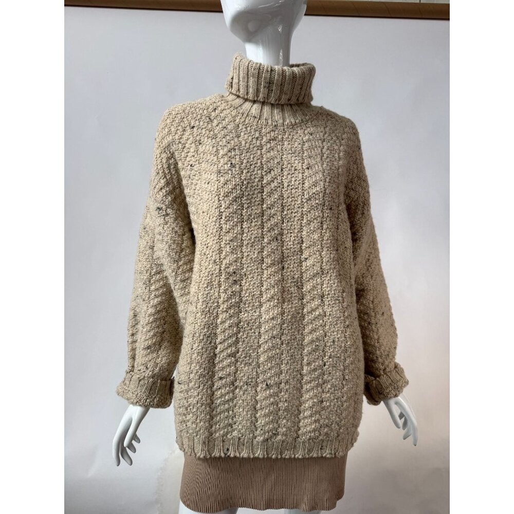 Vintage 80s Beige Chunky Knit Wool Turtleneck Sweater Textured Ribbed Long Sleev - Picture 12 of 12